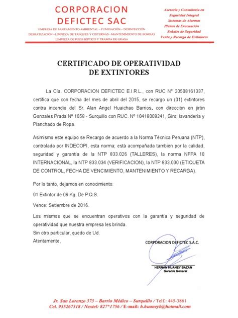 Certificado De Operatividad De Extintores Pdf