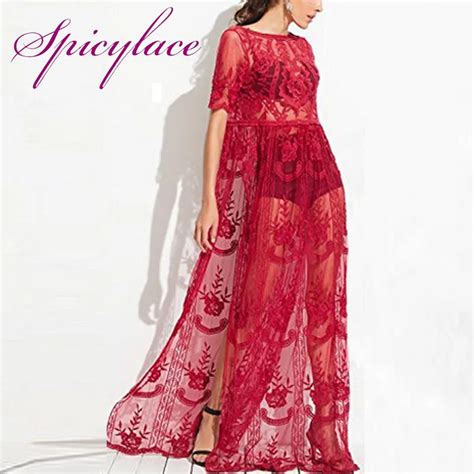 Women S Sexy Floral Lace Hollowed Out Maxi Split Dress High Waist Short Sleeve V Neck Back Lace