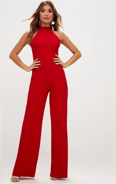 Red Crepe High Neck Jumpsuit Prettylittlething Uae
