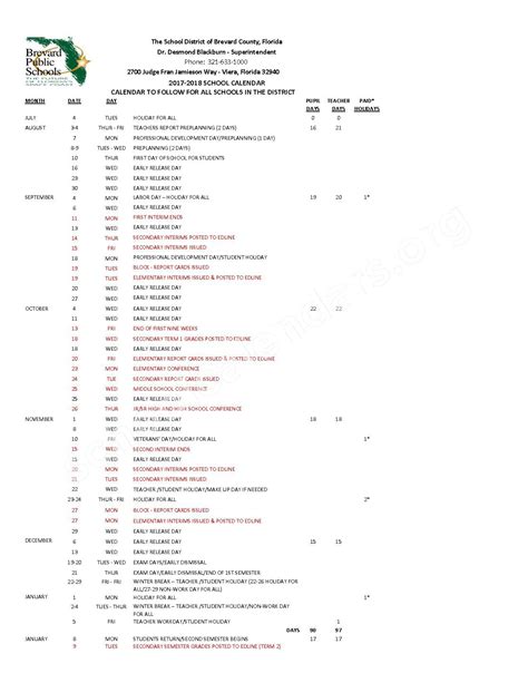 2017 2018 School Calendar Brevard County Public Schools Viera Fl