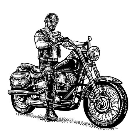 Biker Riding A Motorcycle Vector Engraved Illustration Stock Vector