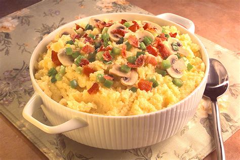 Cashews, corn grits, apple, raisins. Recipe for Albers Cheesy Grits With Mushrooms and Peppers