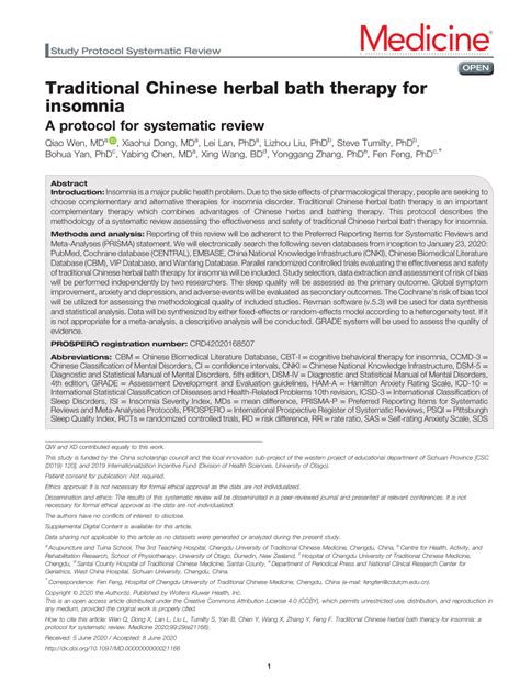 Pdf Traditional Chinese Herbal Bath Therapy For Insomnia A Protocol For Systematic Review