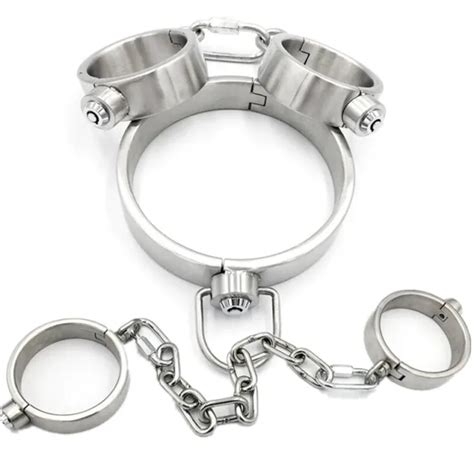 HEAVY DUTY STAINLESS Steel Bondage Neck Collar Handcuffs Ankle Cuffs Slave BDSM PicClick
