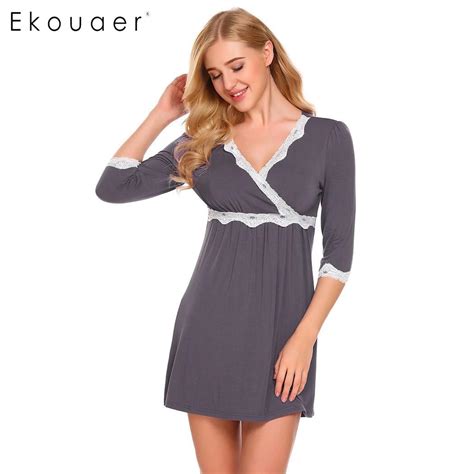 Ekouaer Women Nightgown Maternity Nursing Night Dress Sleepwear V Neck Lace Patchwork Short