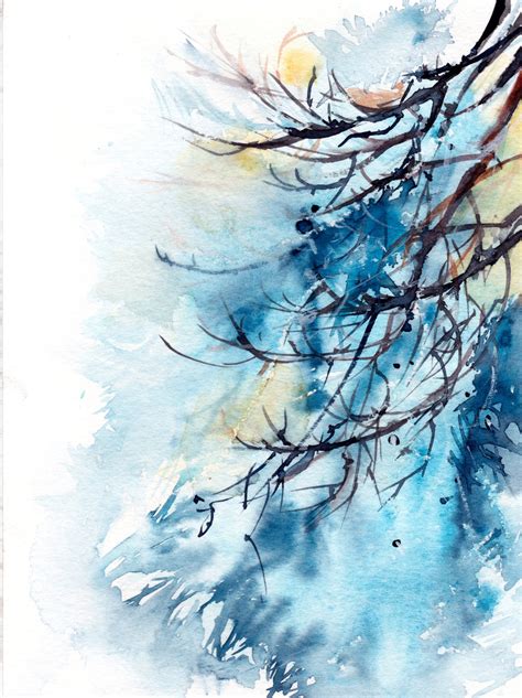 Winter Tree Branches Original Watercolor Painting Abstract