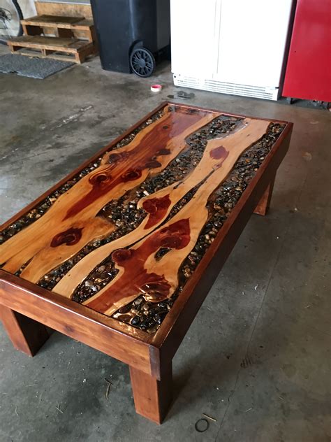 Custom Cedar Wood Coffee Table With River Rocks And Epoxy Cedar