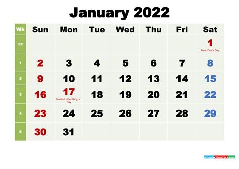 January 2022 Monthly Calendar Printable January 2022 Calendar