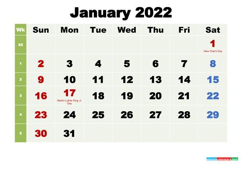 Free Printable January 2022 Calendar With Holidays