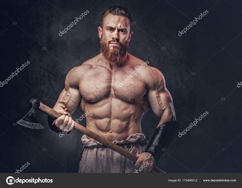 Artistic Portrait Huge Shirtless Muscular Viking Holds Axe Dark Grey