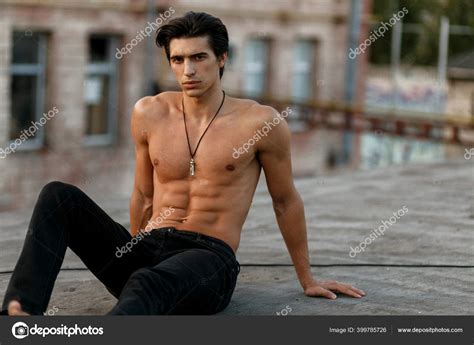 Close Portrait Cheerful Man Shirtless Lying Roof Horizontal View Stock