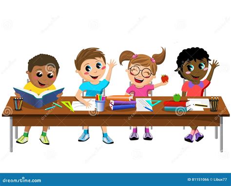 Happy Diligent Kids Children Sitting Desk School Isolated Stock Vector