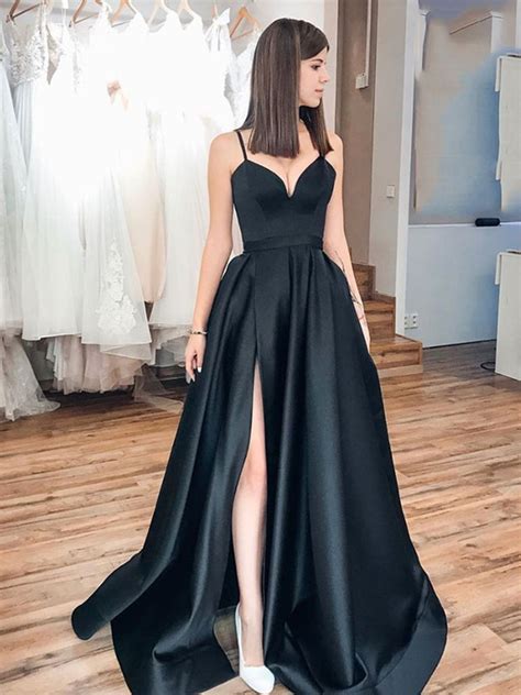 Simple A Line Satin Black Long Prom Dresses With High Slit Long Black
