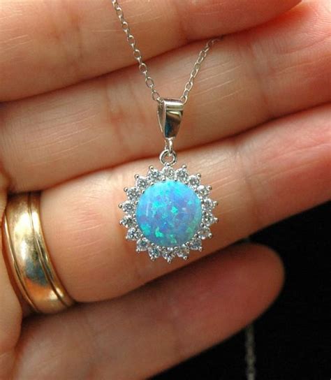 Blue Opal Cz Silver Necklace October Birthstone Round Lab Opal