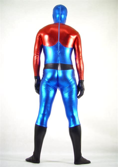 red blue shiny spandex full body suit zentai