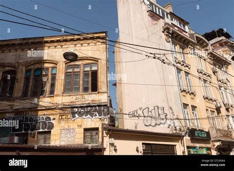 Bucharest Romania October 29th 2023 Graffiti Covered Crumbling