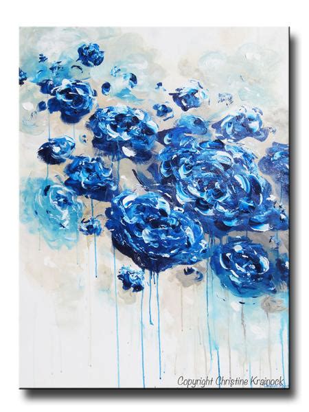 Original Art Abstract Navy Blue Floral Painting Flowers