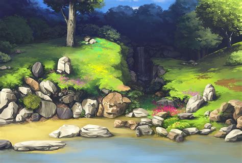 Wallpaper Coast Anime Landscape Rocks Forest Trees Toon Colors