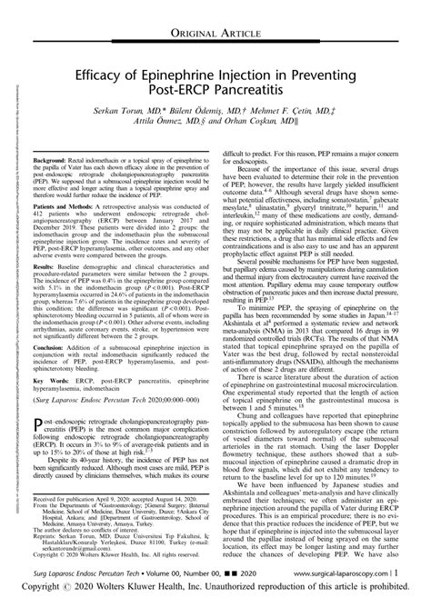 Pdf Efficacy Of Epinephrine Injection In Preventing Post Ercp