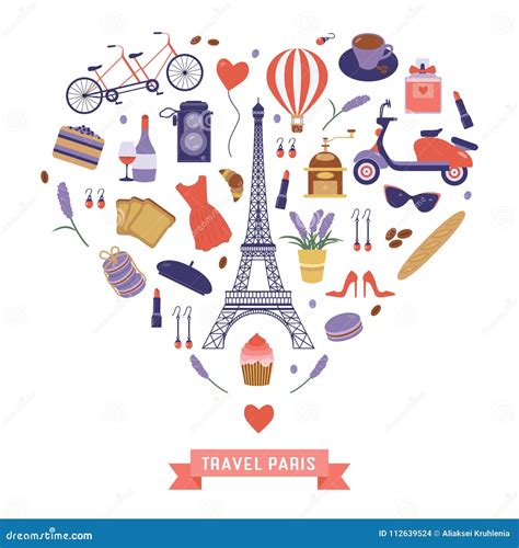 I Love Paris Card With French Travel Icons Stock Vector Illustration