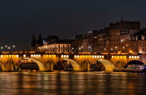 Night Paris Pont Neuf Bridge Reflection Of Lights In The River Seine
