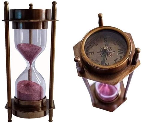Retro Pirates 5 Brass Sand Timer With Antique Maritime Compass By