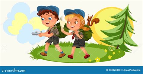 Cartoon Kids Following The Compass In Forest Vector Illustration