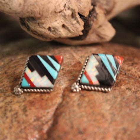 Native American Zuni Sterling Silver Earrings Turquoise Opal Coral Onyx