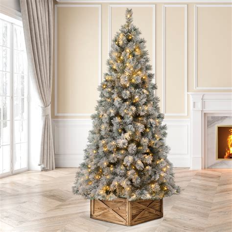 Glitzhome Pre Lit Snow Flocked Artificial Spruce Christmas Tree With