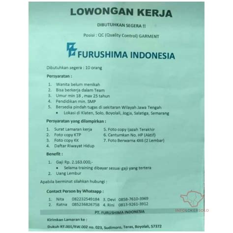 Searches related to garment jobs. Lowongan Kerja Quality Control Garment PT Furushima Indonesia - INFO LOKER SOLO