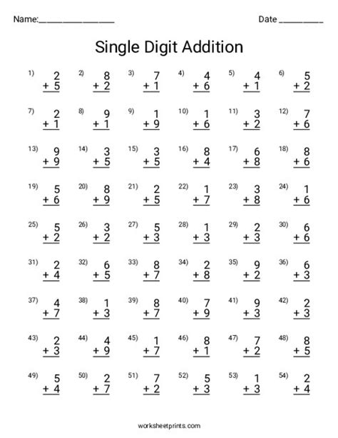 Adding Single Digit Numbers Worksheet