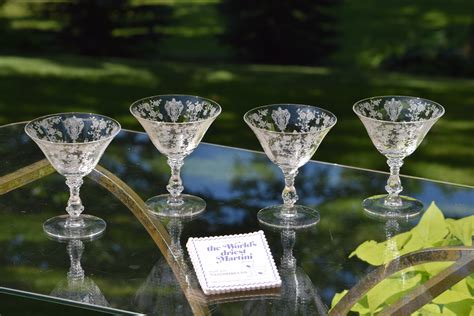 Vintage Acid Etched Crystal Cocktail Martini Glasses Set Of 4 Cambridge Rose Point Circa