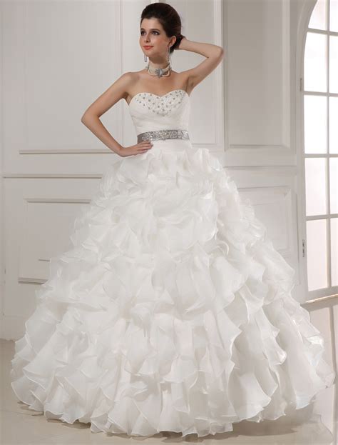 White Sweetheart Rhinestone Pleated Organza Wedding Dress For Bride