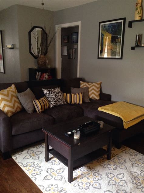 Grey And Yellow Living Room With Dark Couch Possible Chocolate Color