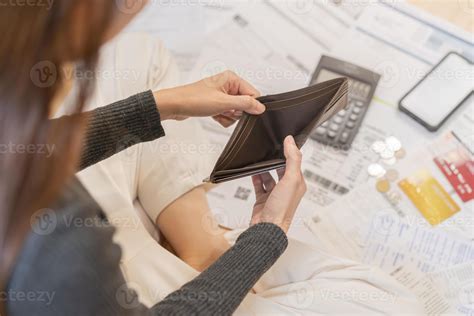 Stressed Problem People Asian Woman Girl Holding And Open An Empty Wallet Not Have Money