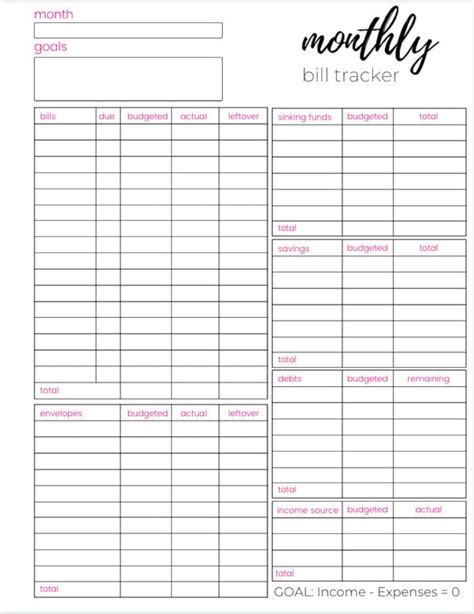 Monthly Bill Tracker Printable Free Editable