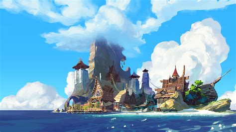 Download Building Cloud Town Fantasy Island Hd Wallpaper