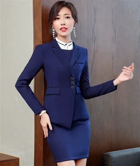 buy navy blue professional women blazers suits with jackets and skirt for