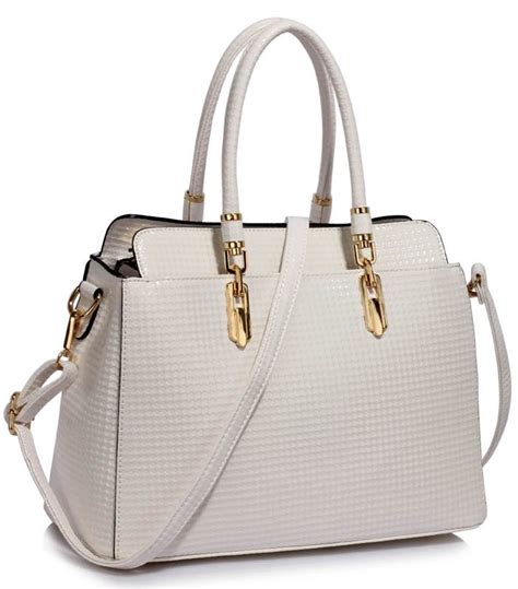 Ls00418a White Womens Tote Bag With Polished Hardware