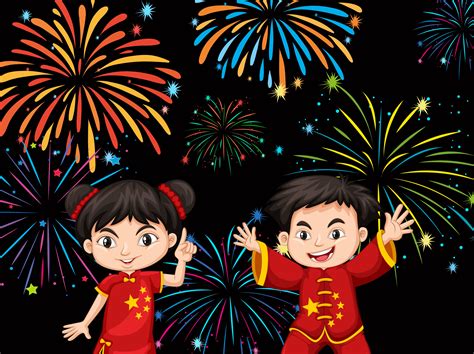 Two Chinese kids with firework background 455189 Vector Art at Vecteezy