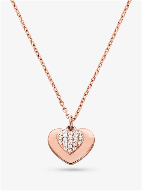 Mk Precious Metal Plated Sterling Silver Pavé Heart Necklace Rose