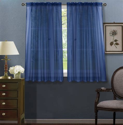 2pc Navy Blue Solid Sheer Voile Window Curtain Set Two 2 Rod Pocket