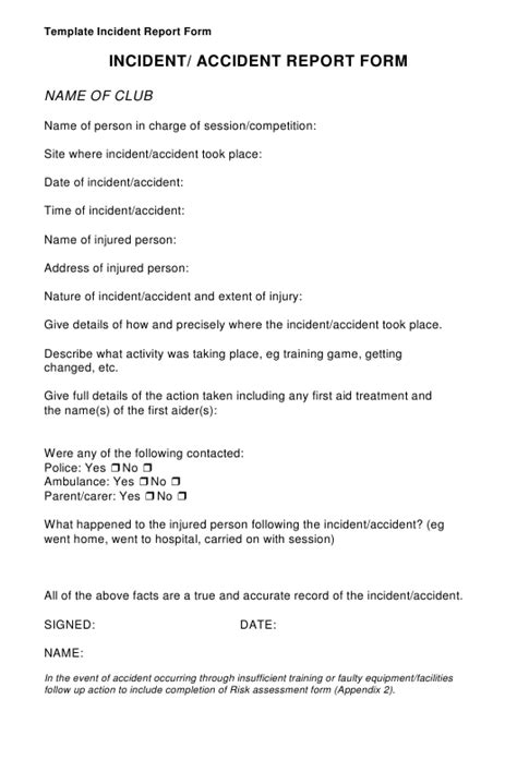 Club Incident Accident Report Form Download Printable Pdf Templateroller
