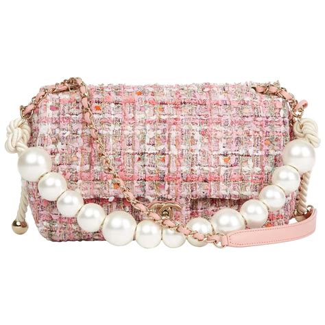 2019 Chanel Pink Tweed Fabric And Pearls Classic Single Flap Bag At