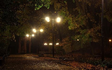 Landscapes Lamps Lamp Posts Benches Lights Night Pathways Roads Lanes