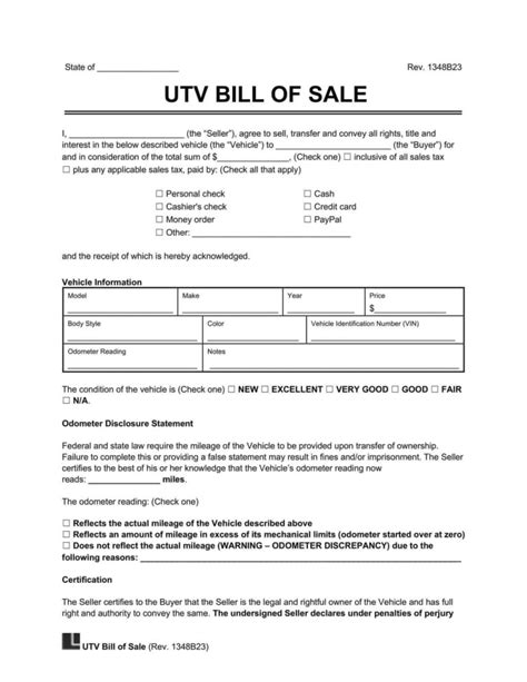 Free Utility Task Vehicle Utv Bill Of Sale Template Pdf And Word