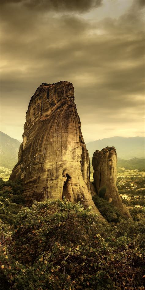 Download Meteora Cliffs Rocks Sunset Nature 1080x2160 Wallpaper