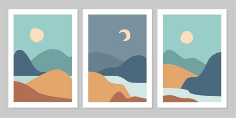 Set Of Aesthetic Modern Natural Abstract Landscape Background With