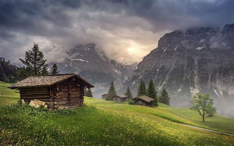 Nature Landscape Mountain Hut Clouds Trees Grass Sunrise Switzerland Mist Wallpapers Hd