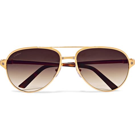 Cartier Santos De Cartier Aviator Style Leather Trimmed Gold Plated Sunglasses In Metallic For